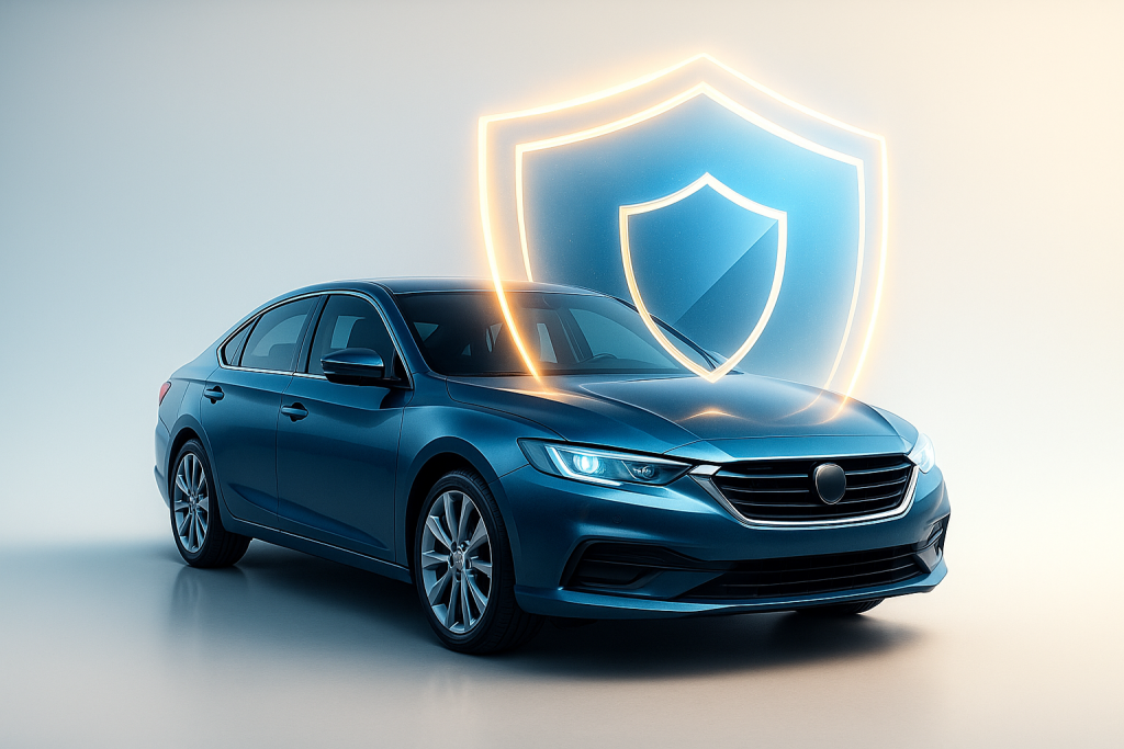 Car with digital shield symbol representing auto insurance protection
